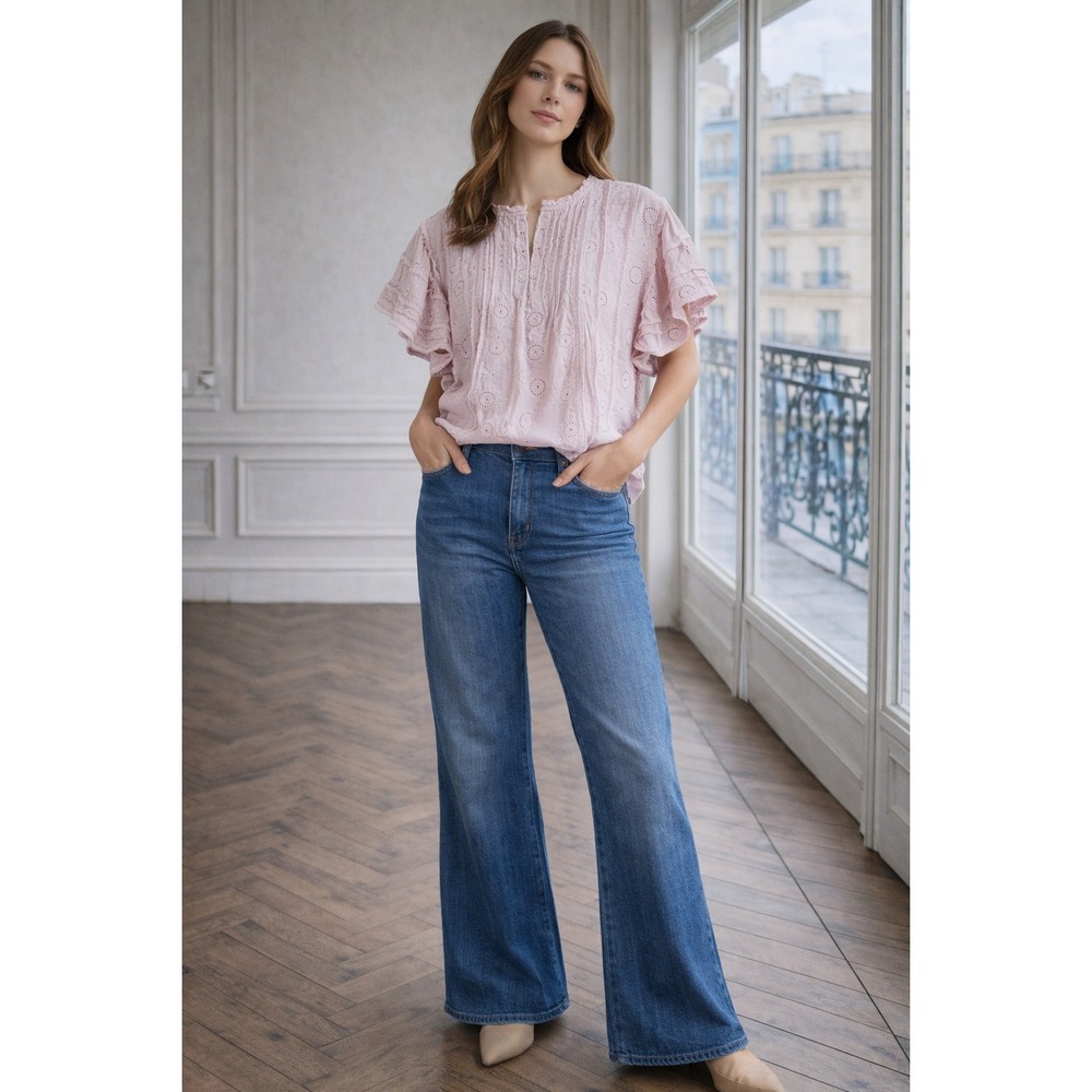 Anthropologie Forever That Girl Pink Eyelet Embroidered Short Sleeve Blouse L